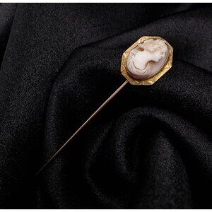 Antique Victorian 10K Gold Cameo Stick Pin With Carved Shell Profile